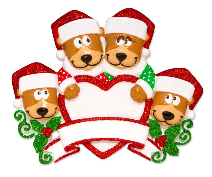 Brown Bear Family of 4 with Heart Personalized Ornament