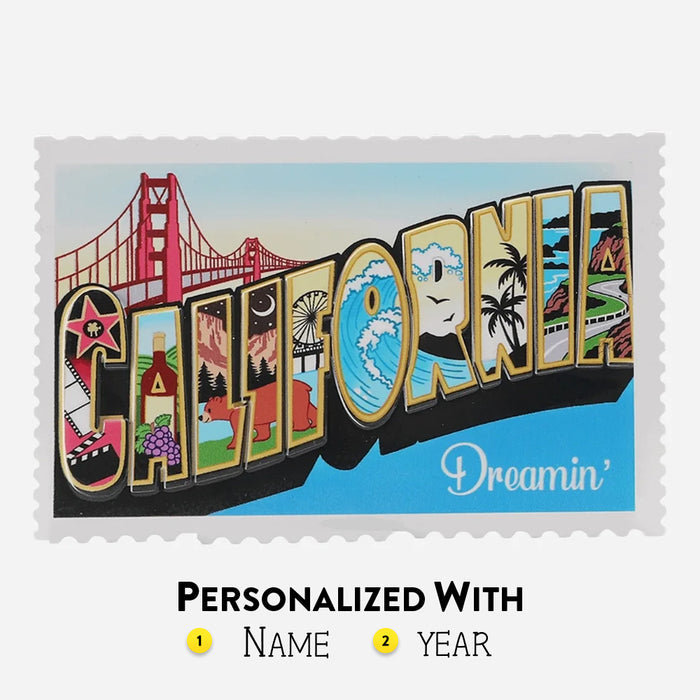 Decorative ornament with 'California' text and iconic images on a blue background