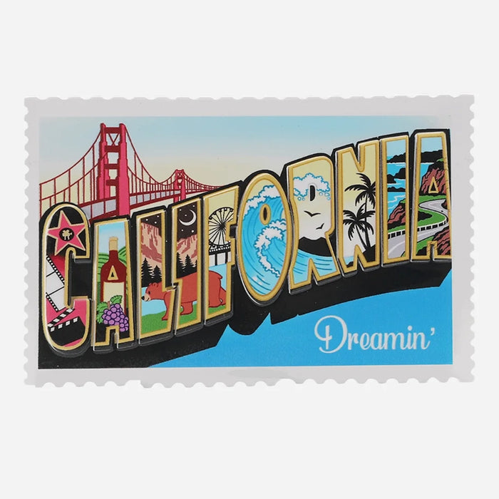 Decorative ornament with 'California' text and iconic images on a blue background