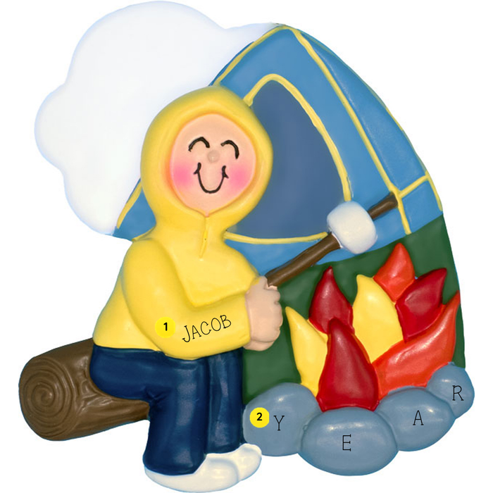 Figurine of a child in a yellow hoodie by a campfire and tent, personalized with with name and year on a white background.