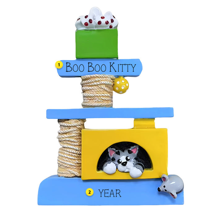Cat toy structure ornament with a cat and toys on a white background