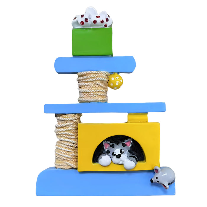 Colorful cat toy structure ornament with shelves, a hole for a cat, and a small mouse toy on a white background.