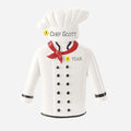 A white chef coat and hat ornament and can be personalized with name and year