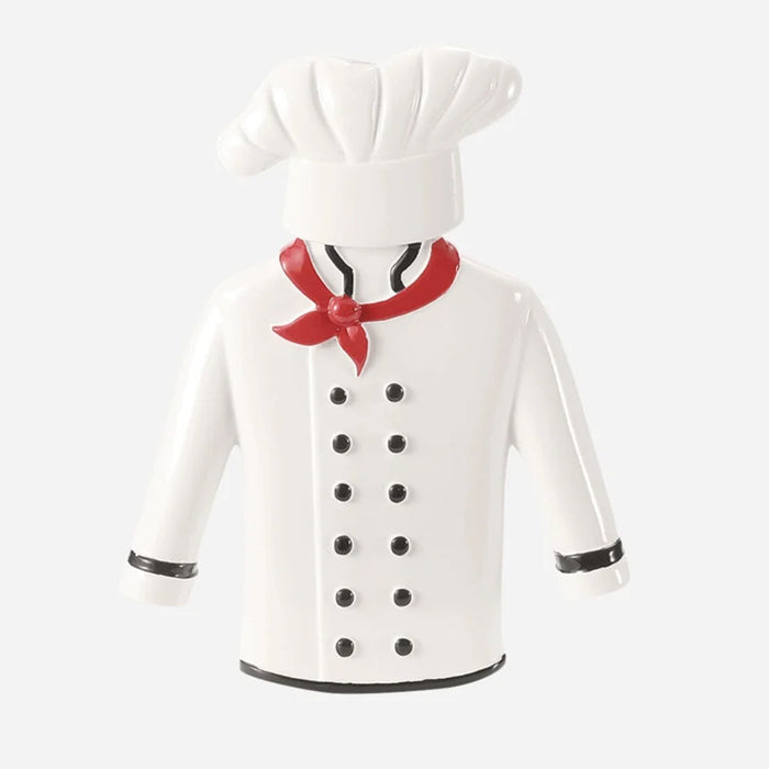 A white chef coat and hat ornament and can be personalized with name and year