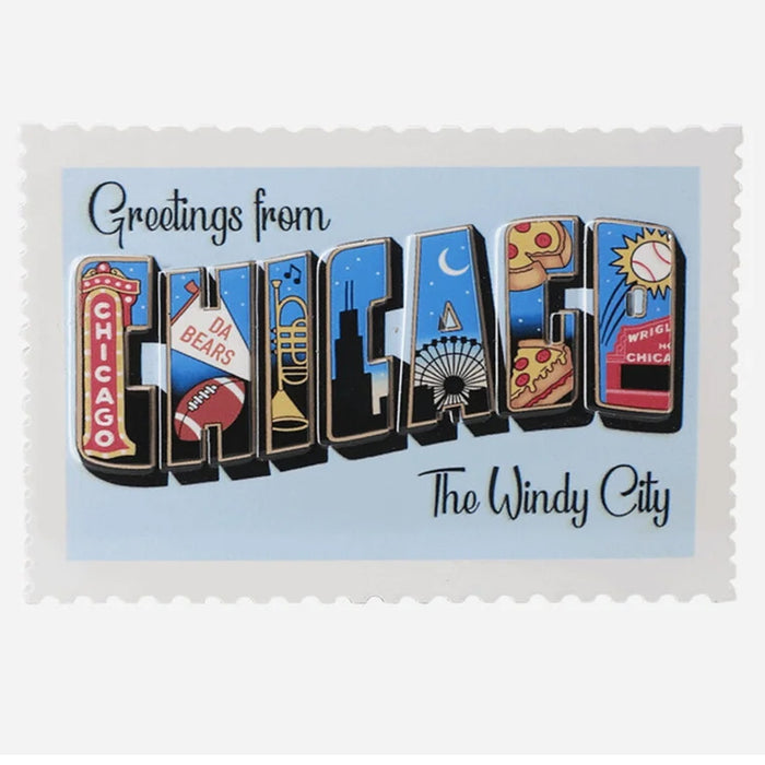 Decorative Ornament with 'Greetings from Chicago' text and various icons on a light blue background