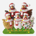 Personalized Christmas ornament with five chickens wearing scarves and hats, each can be personalized.