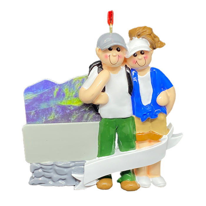 Man and woman couple standing by park sign in the mountains personalized Christmas ornament