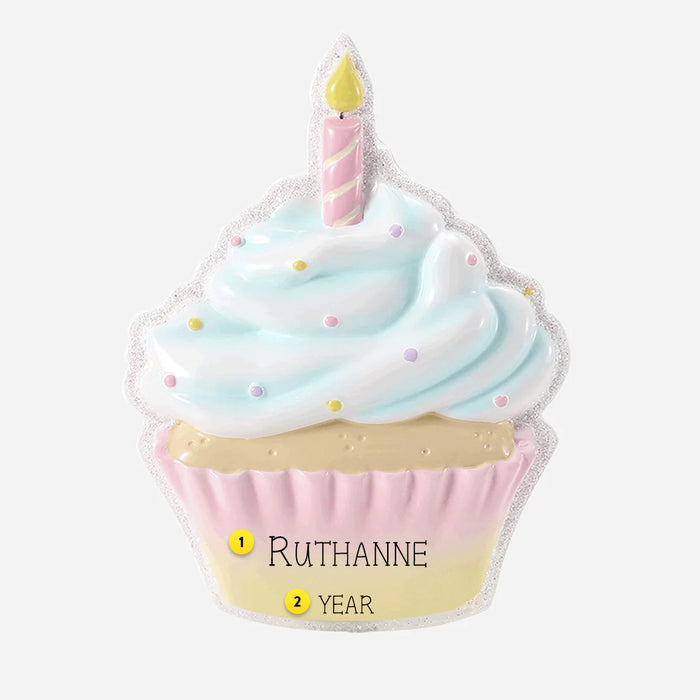 Pastel-colored birthday cupcake-shaped Ornament with a candle and can be personalized on a white background
