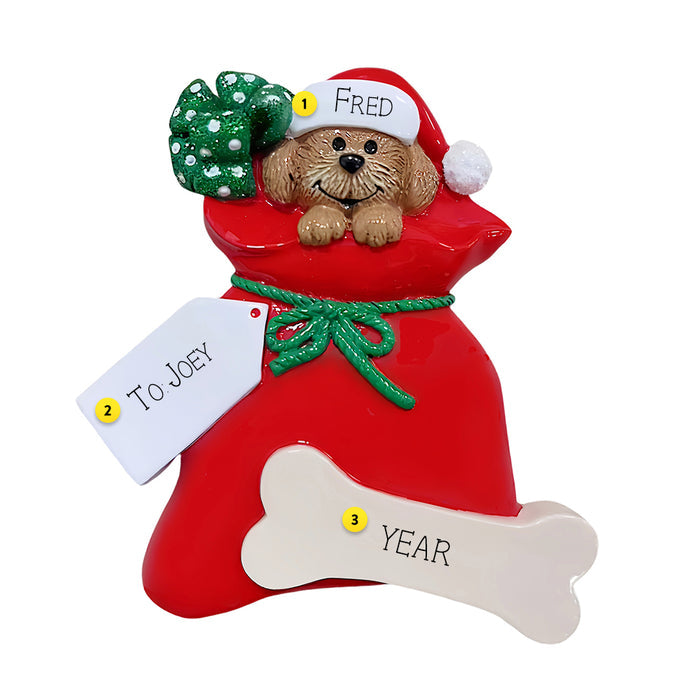 Dog in a red bag with green bows on a white background