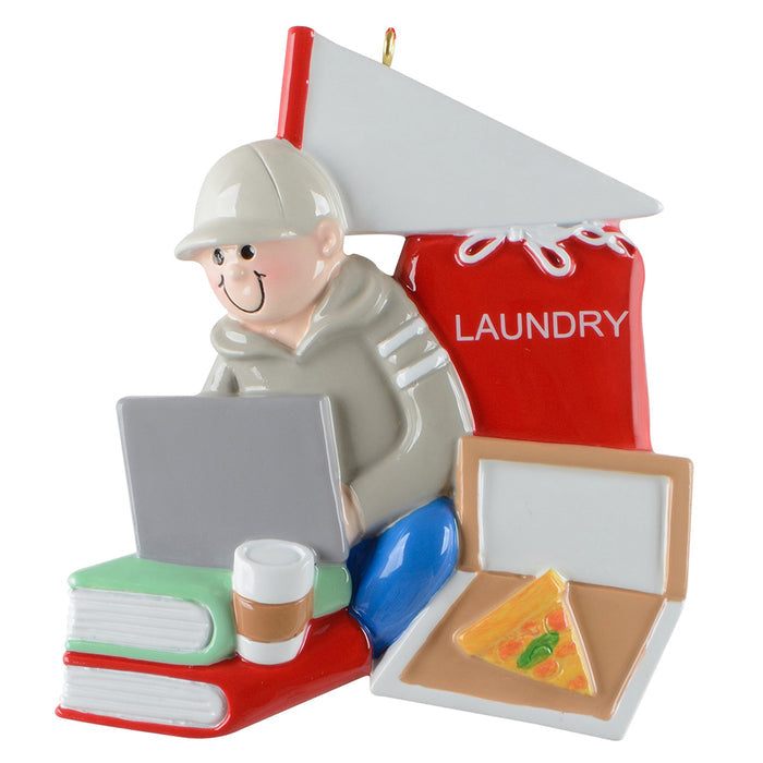 Decorative ornament of a person working on a laptop with a laundry bag, books, and piece of pizza in the background.