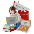 Decorative ornament of a person with books, a laptop, and a 'Laundry' bag on a white background