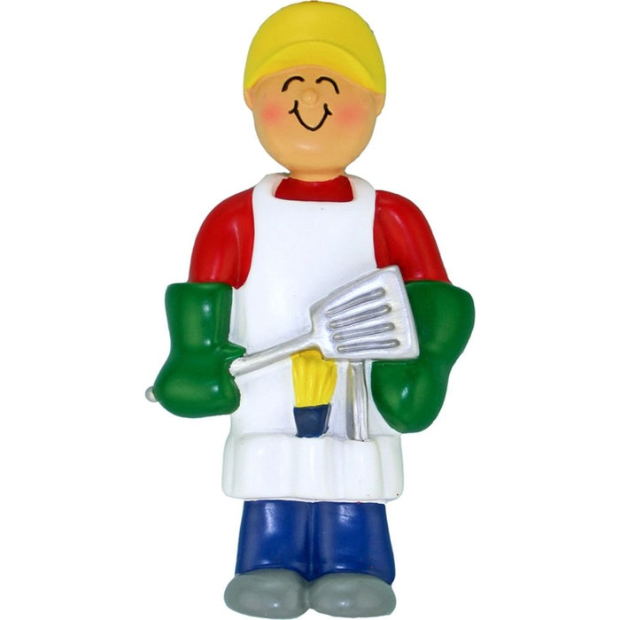 Colorful ornament of a person holding a spatula grilling on a white background