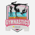 Gymnastics Ornament with silhouettes of gymnasts and text on a white background