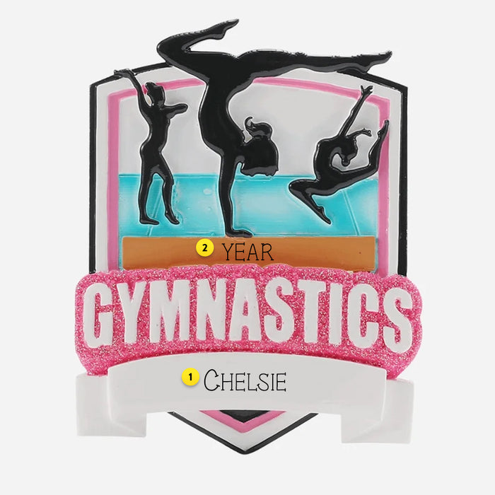 Gymnastics Ornament with silhouettes of gymnasts and text on a white background