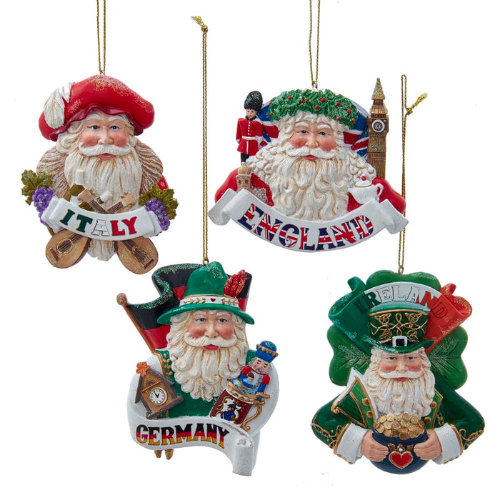 International Santa Christmas Tree Ornaments, 4 assorted, Italy, England, Germany, Ireland