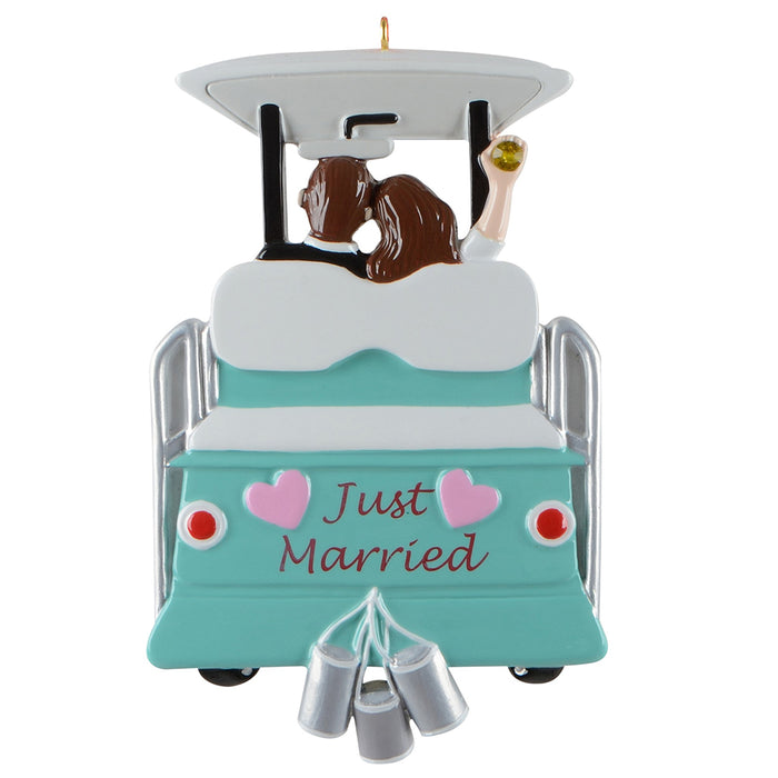 Decorative ornament of a golf cart with 'Just Married' text and hearts, on a white background.