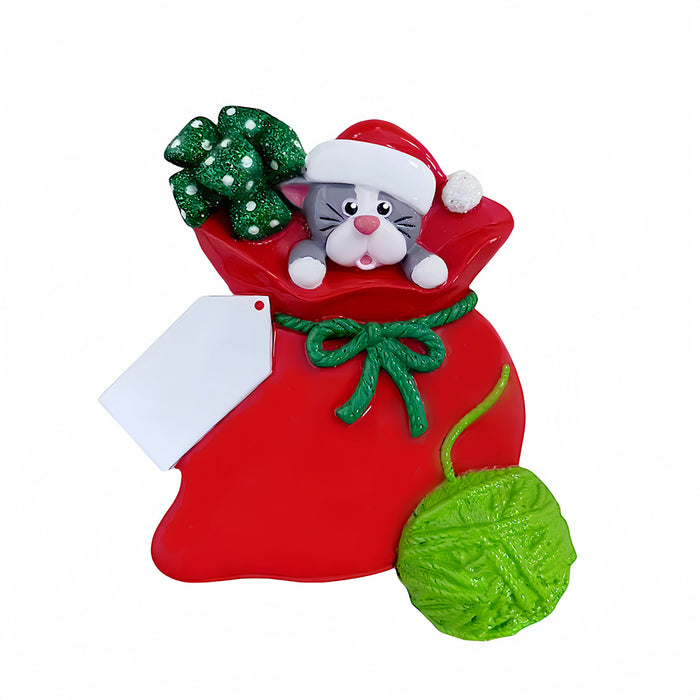 Christmas ornament with a cat in a red stocking, green yarn, and a white tag on a white background.