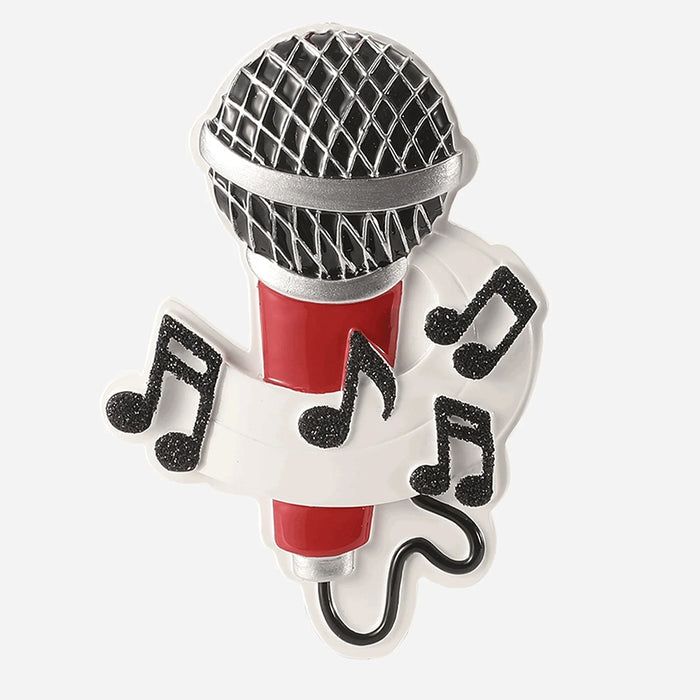 Decorative microphone ornament with musical notes and can be personalized on a white background