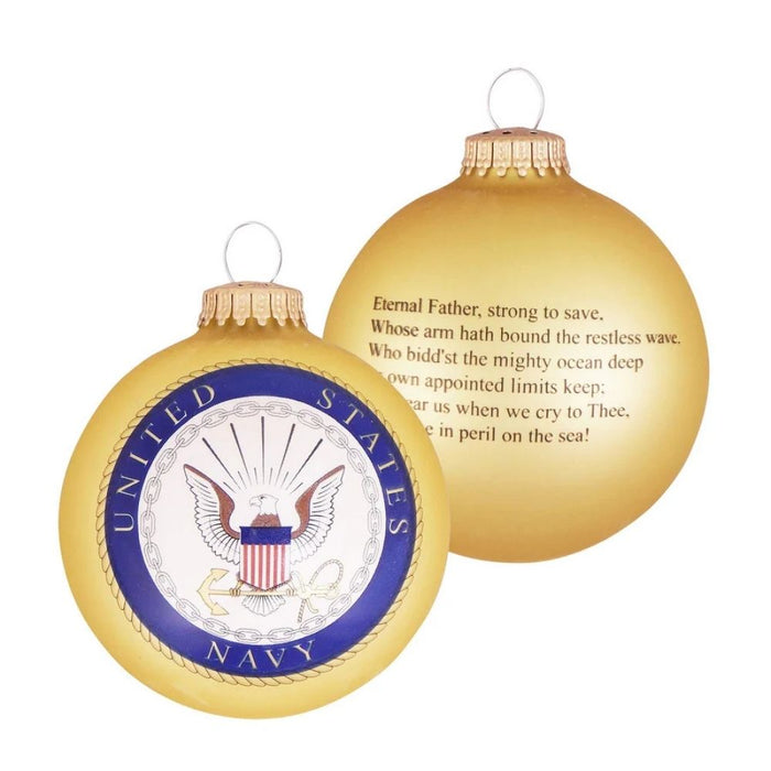 Gold glass United States Navy bulb ornament with Navy seal on front and printed verse on the back.