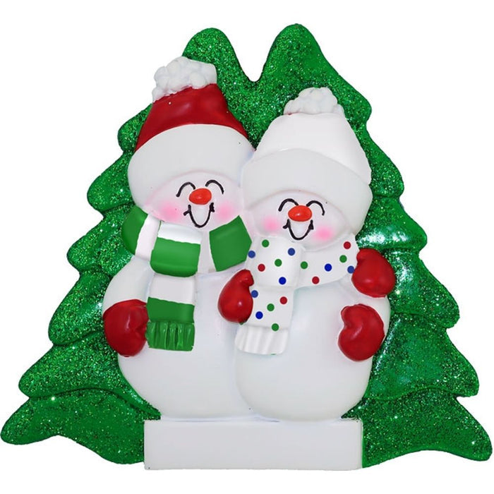 Two snowmen with a green tree-shaped background ornament