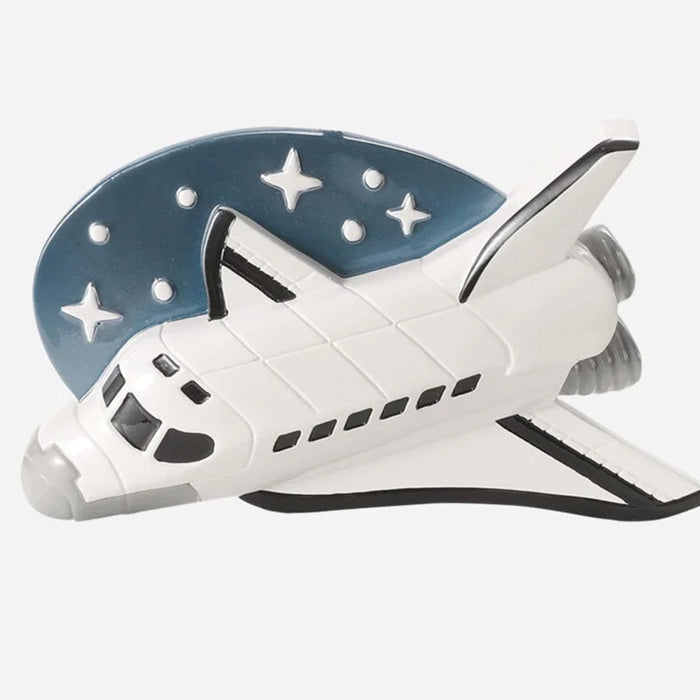 Space shuttle ornament can be personalized with name and year against a starry night sky background