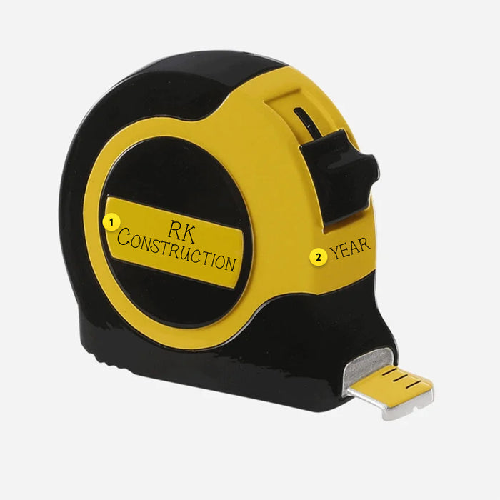Black and yellow tape measure ornament on a white background.. Can be personalized.