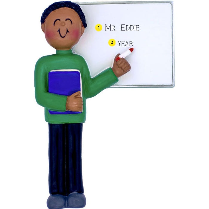Personalized teacher ornament with a whiteboard, book, and marker on a white background