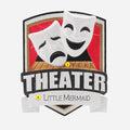 Decorative ornament with theater masks and text on a white background