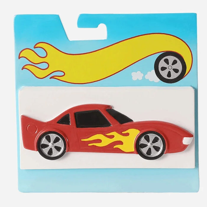 Red toy car with yellow flames on a blue packaging background can be personalized