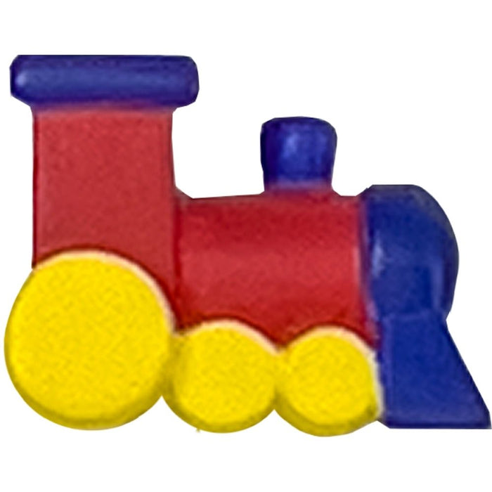 Colorful toy train prnament with red body, blue top and sides, and yellow wheels on a white background