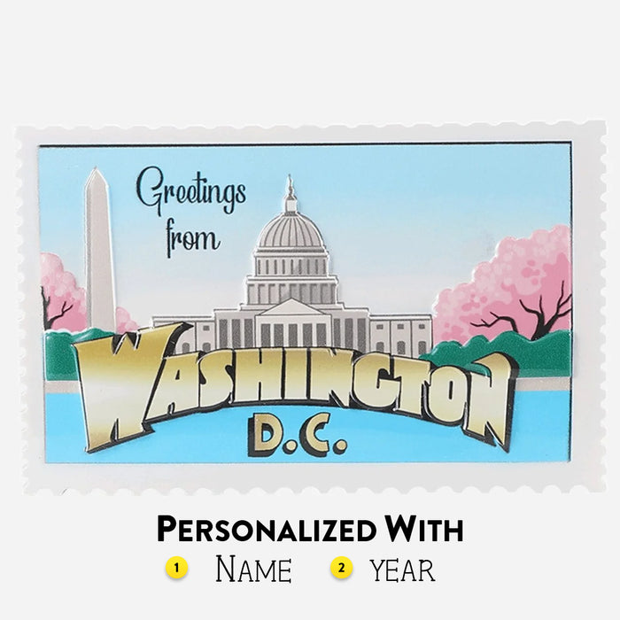Post Card Shape ornament with Washington D.C. landmarks and cherry blossoms on a blue background. Can be personalized