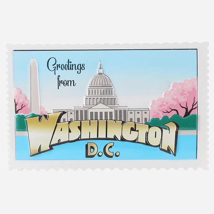 Post Card Shape ornament with Washington D.C. landmarks and cherry blossoms on a blue background. Can be personalized