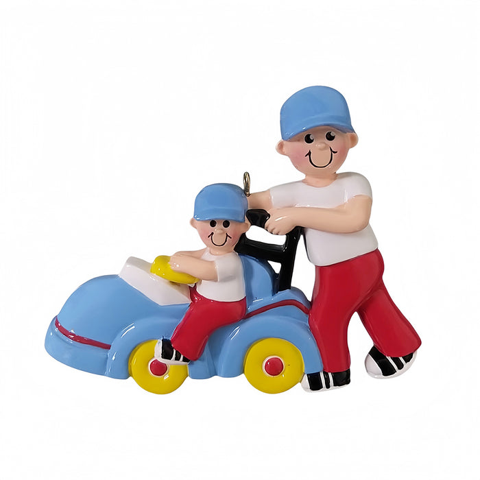 Decorative figurine of a man and childbon a toy car ornament with  a white background.