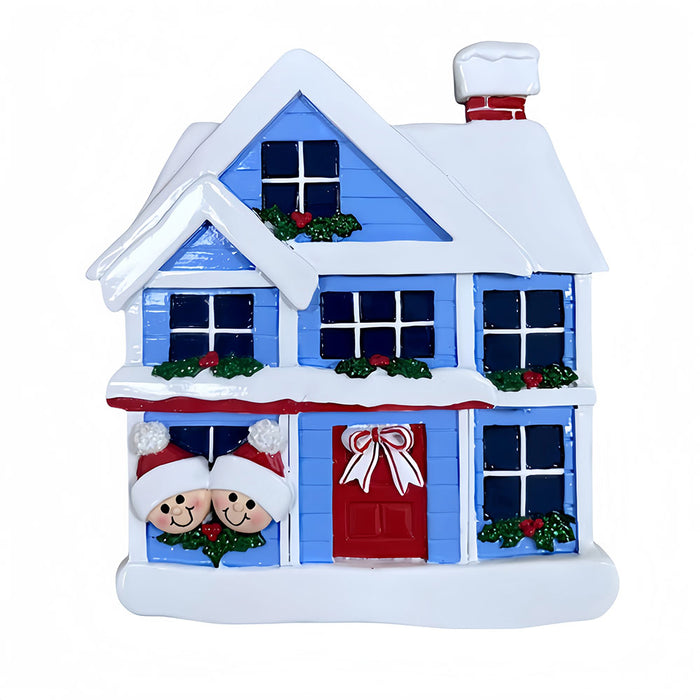 Decorative Christmas house ornaments with snow, windows, and a red door on a white background