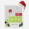 Word Game ornament with santa hat and Christmas words on white back round. Can be personalized
