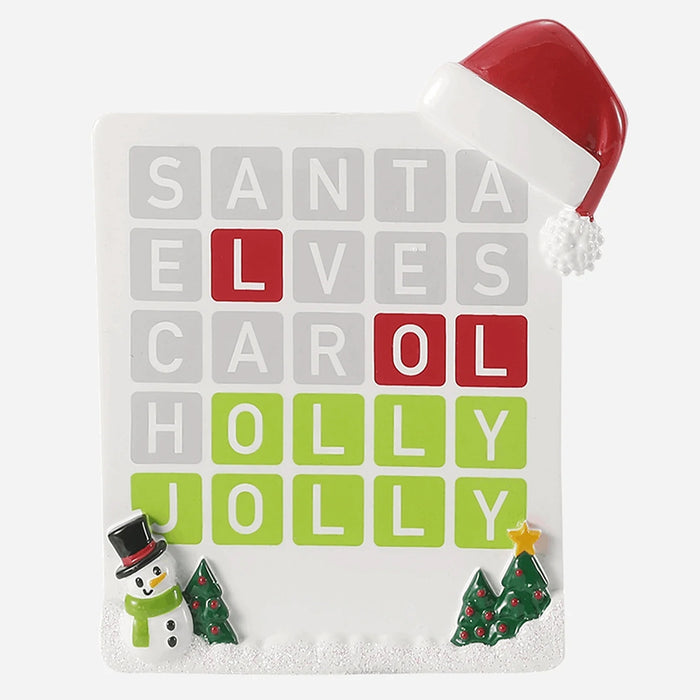 Word Game ornament with santa hat and Christmas words on white back round. Can be personalized