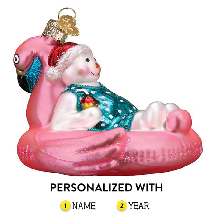 Old World Christmas Snowman in flamingo pool float ornament