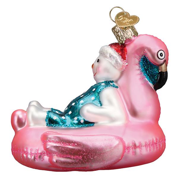 Old World Christmas Snowman in flamingo pool float ornament