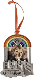 Rainbow Bridge pet picture frame ornament with a rainbow, paw print heart, silver bridge design, and space for a pet photo.