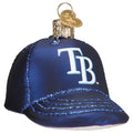 Decorative glass ornament shaped like a blue baseball cap with 'TB' logo on a white background