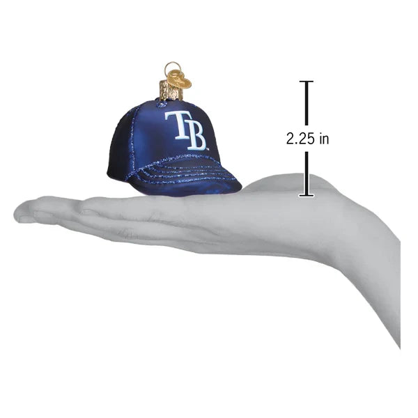 Blue baseball cap ornament with measurement on a hand