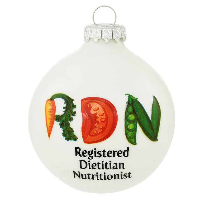 Registered Dietitian Nutritionist - RDN Christmas Ornament round glass ball with vegetables spelling out RDN