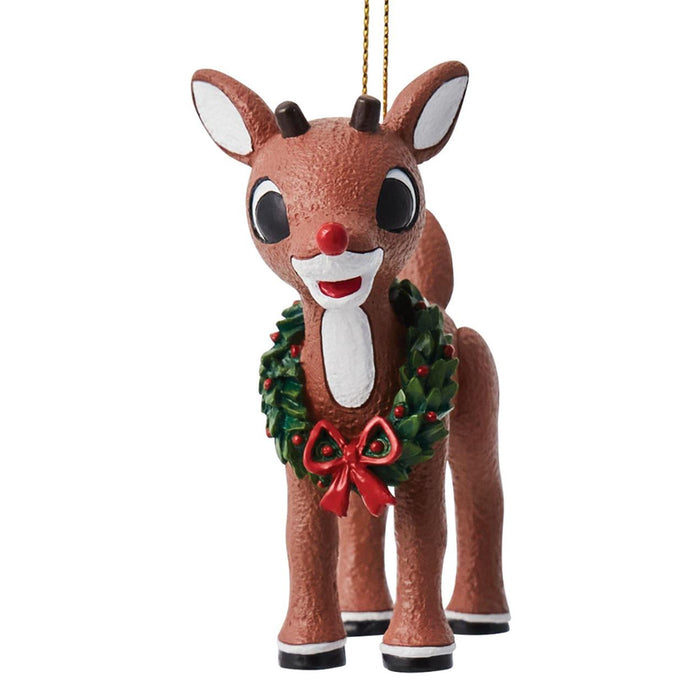 Rudolph the Red-nosed Reindeer with a wreath around his neck ornament