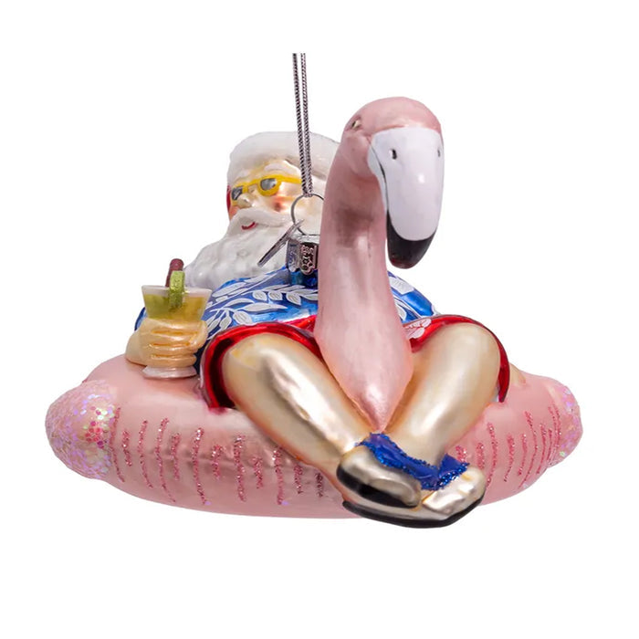 Santa In Flamingo Pool Float Ornament NBX0065 front