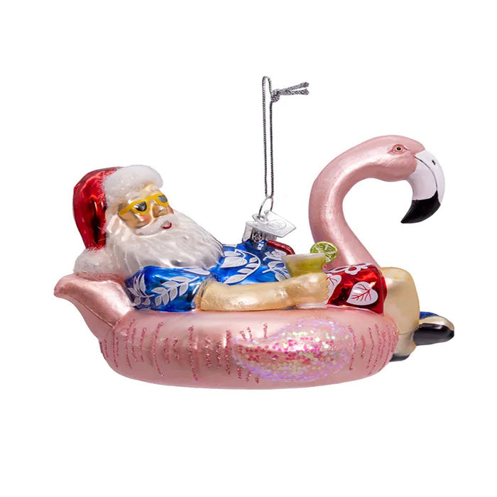 Santa In Flamingo Pool Float Ornament NBX0065 side 1