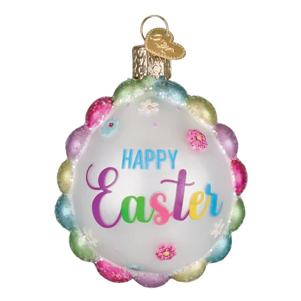 Decorative Easter ornament with 'Happy Easter' text on a white background