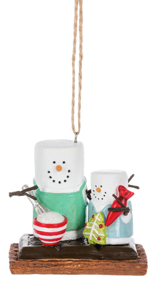 S’mores Baking ornament featuring two marshmallow snowman-style figures on a graham cracker base, with baking accessories including a mixing bowl, whisk, rolling pin, and Christmas tree cookie.
