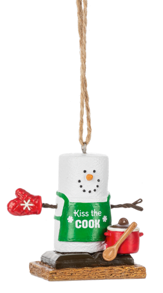 Kiss the Cook Cooking S'more ornament 2 styles please pick 1 with red apron or 1 with green apron