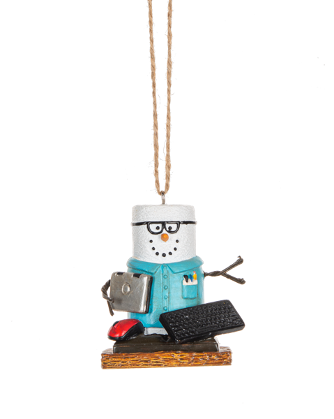 S’mores Information Technology Worker ornament featuring a marshmallow snowman-style figure on a graham cracker base with glasses, a blue shirt, laptop, keyboard, and computer mouse.
