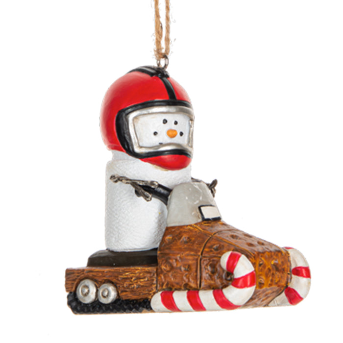 Snowmobiling S'mores Ornament Graham Cracker sled, red helmet on s'mores head